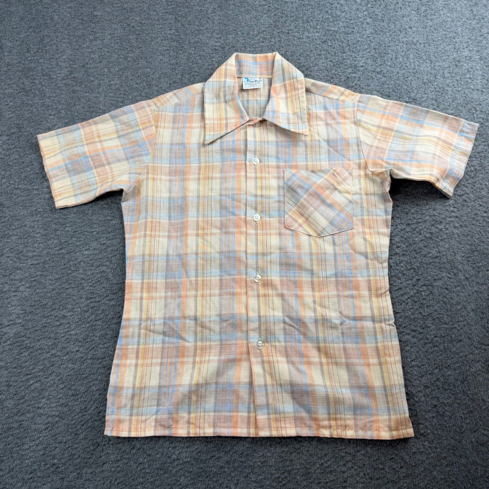 Dan River Button Up Shirt Kids 10 Orange Crayon Plaid Short Sleeve Vintage